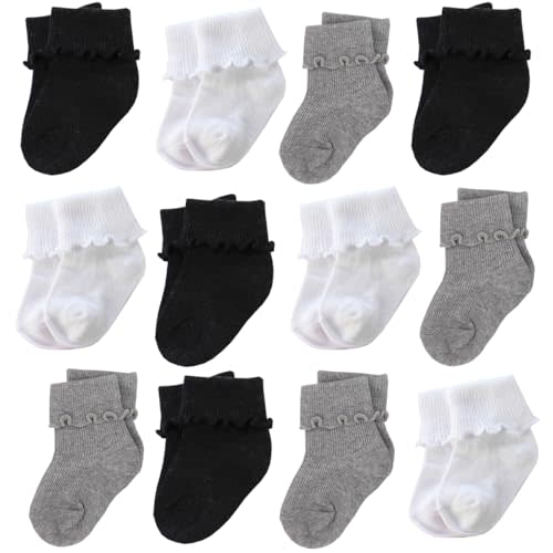 Xiyadun 6 &12 Pairs Infant Toddler Baby Kids Turn Cuff Ruffle Cotton Socks