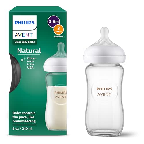Philips Avent Natural Glass Baby Bottle with Natural Response Nipple (Medium Flow, Flow 3), 8oz, SCY913/01