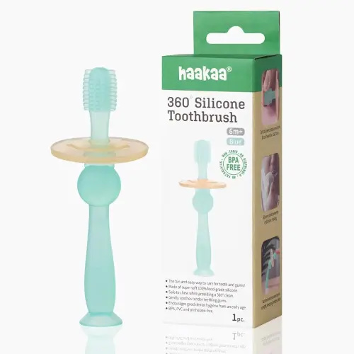 Haakaa 360° Silicone Baby Toothbrush – 100% Soft Food Grade Silicone, BPA-Free, Suction Base, Safe for Babies 6 Months+, Gentle Gum and Teeth Cleaning for Infants, Gum Massager