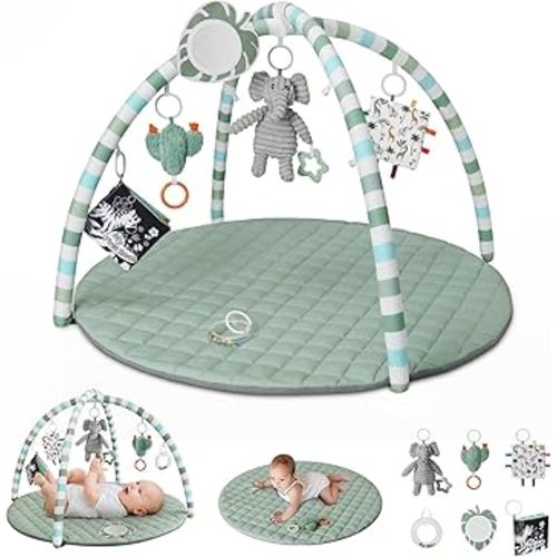 Blissful Diary Baby Play Gym Mat, Play Mat Activity Mat with 6 Detachable Toys for Stage-Based Sensory & Motor Skill Development, Easy to Install & Clean, Baby Essentials Gift, Sage Green