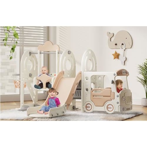BIERUM Toddler Slide for Toddlers Age 1-3 with Basketball Hoop and Swing, Baby Slide for Kids Ideal Gift, Indoor Outdoor Backyard Playground Beige Coffee