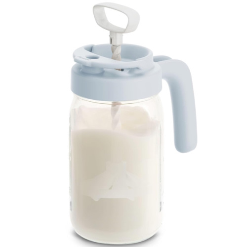 Papablic Glass Breastmilk Pitcher, Formula Mixing Pitcher with Mixing Handle Lid, Wide Mouth Mason Jar Mixer with Flip Locking Spout, Easy to Clean, BPA Free, Blue