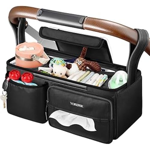 YOREPEK Heavy Duty Stroller Caddy Fits for UPPAbaby Vista/Minu/Cruz/G-Luxe, Stroller Organizer with 2 Insulation Cup Holder, Storage Attachment with Multiple Pockets for Baby Accessories, All Black