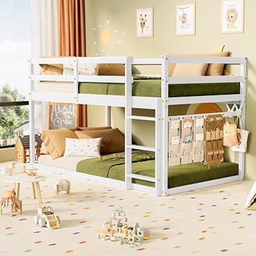 Low Bunk Bed Twin Over Twin, Floor Bunk Bed with Ladder, Twin Bunk Bed with Full Guardrails, Wooden Bunk Bed for Juniors, Boys, Girls, Kids, Bedrooms (White)