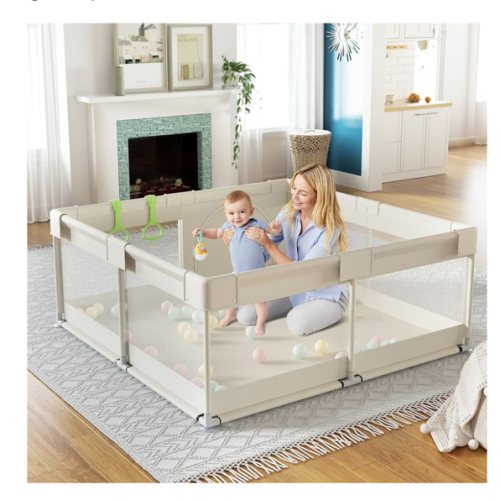 Fodoss Baby Playpen, Upgrade Playpen for Babies and Toddlers, 47x47x26inch Beige Play Pen for Babies with Hand Pulling Ring, Play Pen Center for Kids,Baby Fence,Baby Playards.