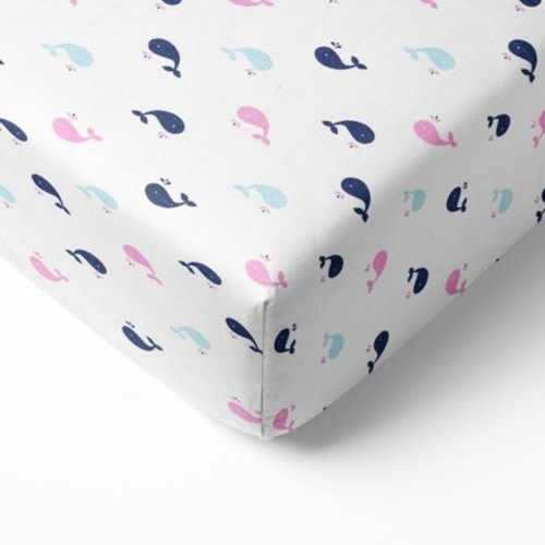 $22.99 Bacati - Little Sailor Whales Girls Muslin 100 percent Cotton Universal Baby US Standard Crib or Toddler Bed Fitted Sheet