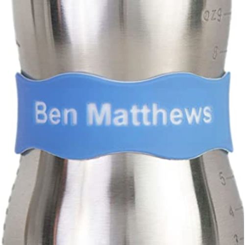 InchBug Orbit Labels - White Contrasting Personalization Silicone Baby Bottle & Sippy Cup Bands - Reusable, Dishwasher Safe, Engraved Name Labels for Daycare, 4-Pack (Lullaby Blue)