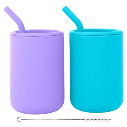 WeeSprout Silicone Baby Cups With Straws and Lids, 8 oz, Set of 2