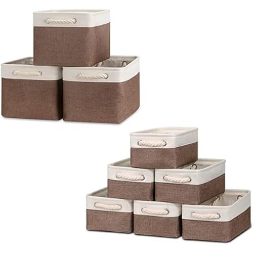 Bidtakay Baskets Set Fabric Storage Bins-White&Earthy Brown Bundled Baskets of 3 Medium Baskets 15" X 11" X 9.5" + 6 Small Baskets 11.8" X 7.8" X 5"