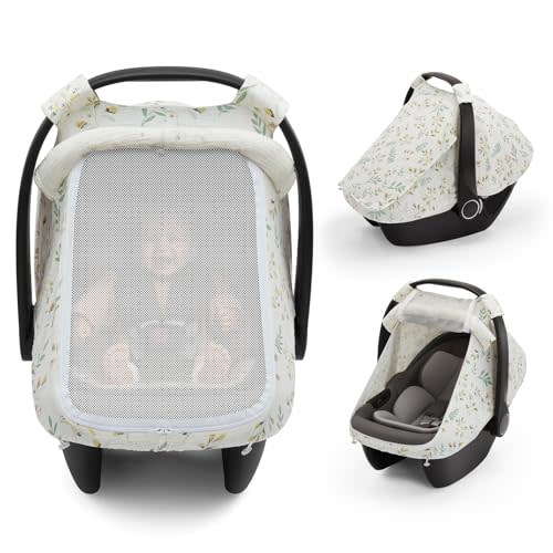 Blissful Diary Baby Car Seat Cover, Extra Large Mesh Window, Breathable Muslin Cotton, Infant Windproof Canopy - Botanical Leaf