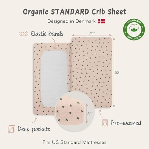 Crib Sheets – Organic Cotton Muslin Fitted Crib Sheet – Standard Size for Baby Boy and Baby Girl 28" x 52" Ultra-Soft and Breathable. (Green Hearts)