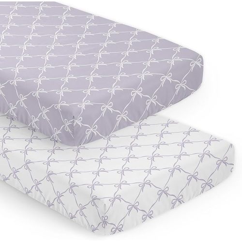 Sweet Jojo Designs 2-Piece Baby Crib Sheets Set (Purple and White Bows) for Girls, Infant Nursery, Toddler Room - Fitted, Standard Size (Lavender Bow for Shabby, Ballet, Ballerina Princess Collection)