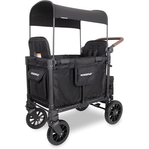 WONDERFOLD W2 Luxe Pro Stroller Wagon (2 Seater) - Collapsible Wagon Stroller with Seats Featuring 5-Point Safety Harnesses and Adjustable Sun Canopy, Jet Black