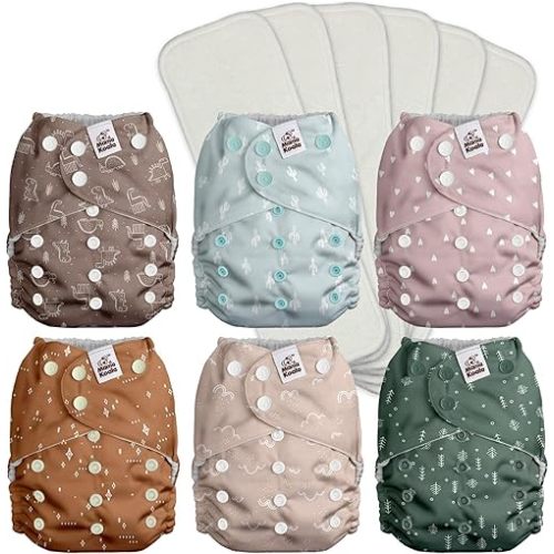 Mama Koala 3.0 Pocket Cloth Diapers for Babies with Suede Cloth Lining, 6 Pack with 6 4-Layer Natural Cloth Diaper Inserts - Reusable and Washable Pocket Diapers (Simply Neutral)