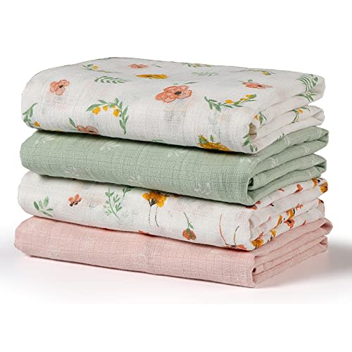 Softan Muslin Swaddle Blankets for Baby Girls & Boys Gift, Large 47X47 inches Receiving Blankets for Newborn, Infant Swaddle Wrap Blanket Set Soft Silky & Breathable, 4 Pack Green Floral