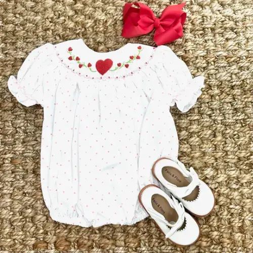 Valentine Smocked Lille Romper - Bow and Hearts on Polkadot – Pleats and Stitches (Size 6 Months)