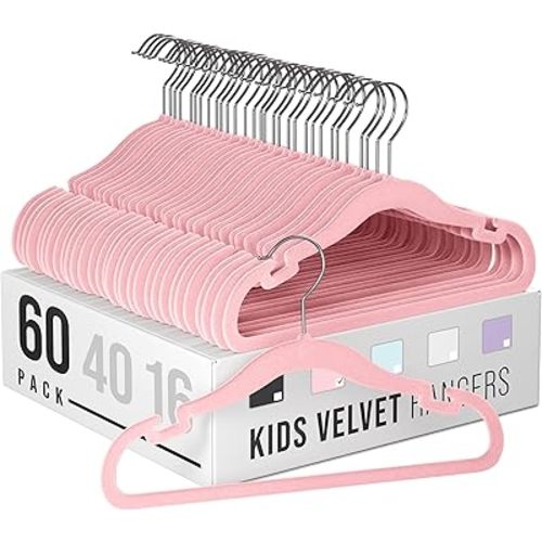 Velvet Baby Hangers for Clothes - Heavy Duty Non Slip Velvet Kids Hangers Or Toddler Hangers for Closet | Ultra Thin Design Kid Hangers for Space Saving - Ganchos De Ropa para Bebe (60 Pack Pink)