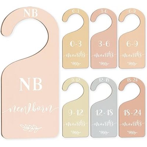 Whaline 7Pcs Boho Wood Baby Closet Size Dividers With Yellow Velvet Bag Newborn to 24 Month Thicken Infant Wardrobe Hanger Organizers for Home Nursery Party Supplies