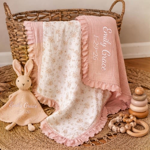 Personalized Baby Blanket & Bunny Lovey Set, Cotton Muslin Ruffle Edge, Floral Newborn Girl Gift