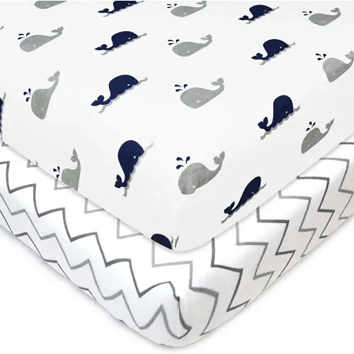 American Baby Company 2 Pack Fitted Pack N Play Playard Sheet 27" x 39", Soft Breathable Neutral 100% Cotton Jersey Pack and Play Sheet, Navy Whale/Grey Zigzag, for Boys and Girls, Fits Most Mini Crib