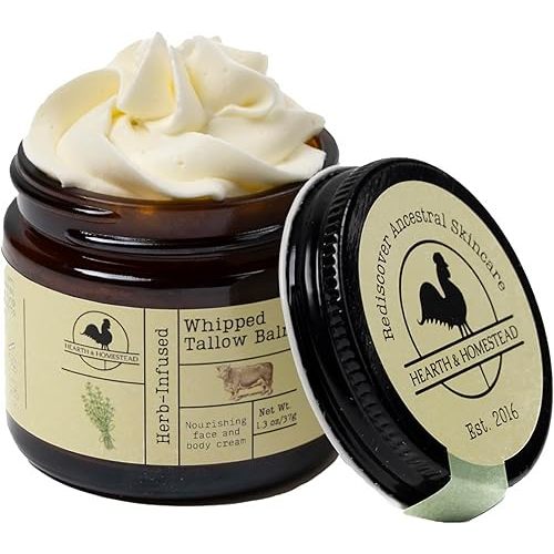 Hearth and Homestead: Handmade Whipped Tallow Balm (Unscented/Herb-Infused) - Organic Body Butter with Infused Olive Oil, for Eczema, Rosacea, Baby - 1.3 oz