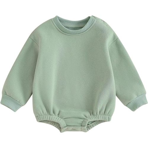 Baby Boy Girl Warm Sweatshirt Romper Solid Long Sleeve Fleece Sweater Bubble Romper Fall Winter Outfit Clothes - 9-12 Months - Light Green