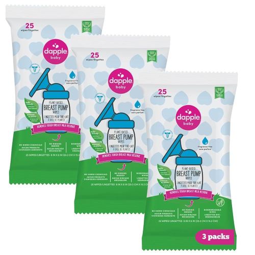 Dapple Baby Breast Pump Wipes - 75 Count (Pack of 3), Fragrance Free, Plant Based & Hypoallergenic - Removes Milk Residue, Leaves No Taste - Convenient Wipes Pouch
