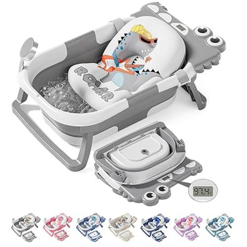 TPN Collapsible Baby Bathtub, Baby Bath Tub with Soft Cushion & Real-Time Thermometer, Baby Bathtub Infant to Toddler Tub (0-36 Months), Portable Newborn Travel Bath tub