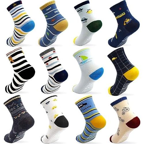 GRPSKCOS Toddler Non Slip Socks- 12 Pairs Anti Skid Kids Socks Cute Crew Grips Socks for 1-7 Years Boys Girls Children