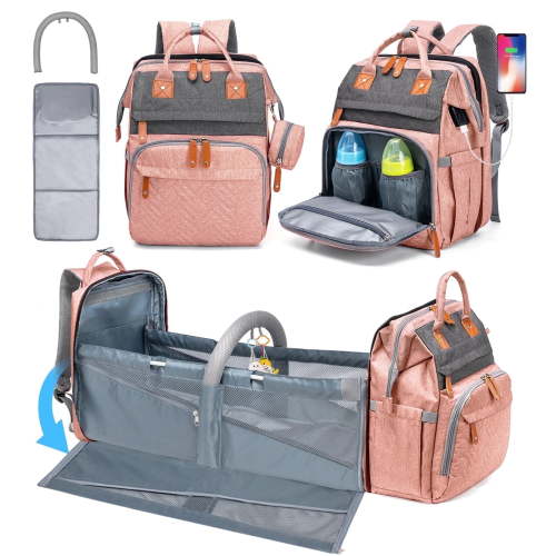 KABAQOO Diaper Bag Backpack with Changing Station, Waterproof, Large Capacity, Pink