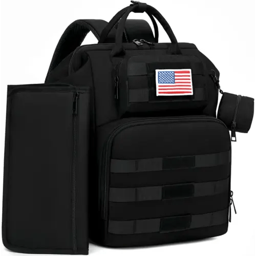 Diaper Bag Backpack for Dad and Men, Large Travel Baby Bag with Changing Pad, Pacifier Case, Removable Flag Patch - Baby Shower Gifts - Shadow Black