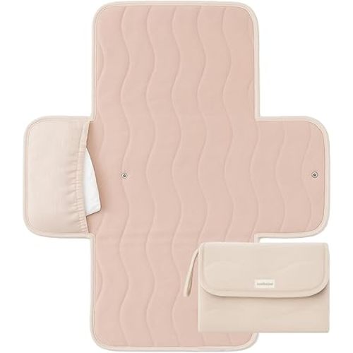 Toddlekind Mini Maven Portable Changing Pad – Organic Cotton & Water-Resistant Polyester – Travel-Friendly, Foldable Change Mat – Blush Stripes with Wave Stitching – Chic, Durable, Easy to Clean