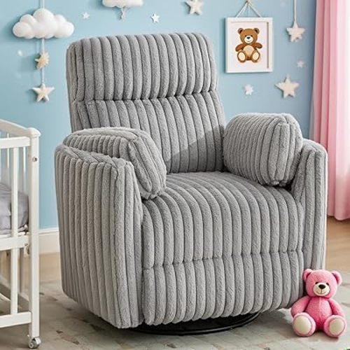 Power Nursery Rocking Chairs Swivel Glider Reclining Chair with 2 Pillows, Nursery Glider Rocking Recliner with Type-C & USB Charger Port, Corduroy Upholstery Armchair for Living Room/ Light Grey