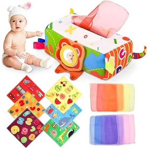 Baby Toys 6 to 12 Months - Baby Tissue Box Toys - Montessori Toys for 1 Year Old, Soft Stuffed&High Contrast Crinkle Infant Sensory Toys, Girls&Boys Toddlers Early Learning Toys Baby Gifts