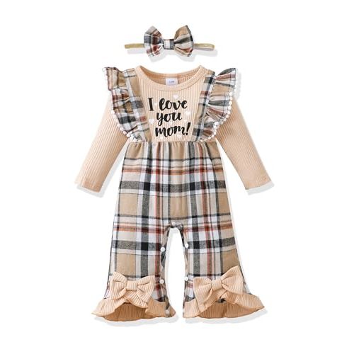 Renotemy Newborn Baby Girl Clothes Fall Winter Outfit Ribbed Romper Plaid Overalls Jumpsuit Infant Girl Outfits 0-18 Months