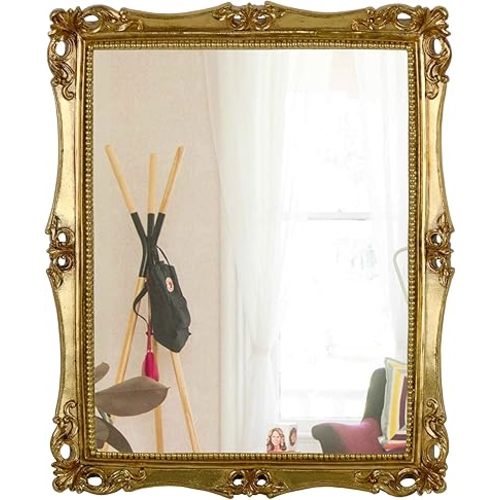 Funerom Vintage Decorative Mirror, Wall Mounted & Tabletop Makeup Mirror ,Square (Antique Gold, 16.5 x 13.5 inch)
