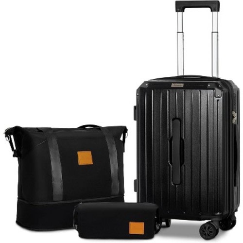 Romswi 3Piece Carry-On Luggage Set, 20" Lightweight Suitcase with TSA Lock, Cup Holder, and Duffel Bag, Spinner Wheels Travel Black Luggage