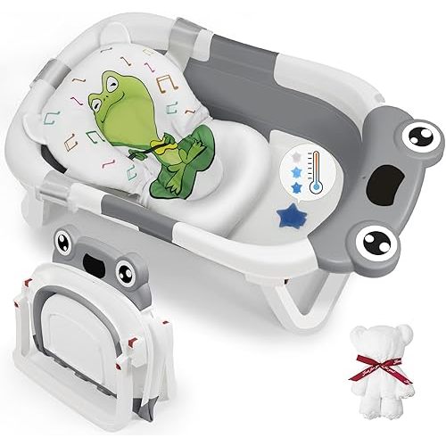 DEANIC Collapsible Baby Bathtub with Baby Washcloth, Portable Infant Bathtub with Soft Baby Bath Support Cushion for 0-3-6-12 Month Newborns, Foldable Baby Bath Tub for Indoor, Travel (Grey)