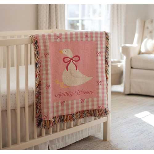Goose Baby Blanket Girl with Name, Gingham Pink, Cotton Woven Fringe Blanket, Farm Nursery Bedding Storybook Baby Blanket, Baby Shower Gift