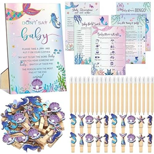 Patelai 321 Pcs Mermaid Baby Shower Game Supplies for Girl 5 Set Include 50 Activity Cards 20 Pencils 1 Don't Say Baby Sign 50 Clothespins for Price Is Right Prediction Bingo Game Party Decor