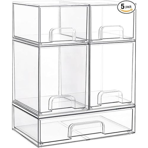 Vtopmart Stackable Storage Drawers Set of 5, Clear Plastic Organizer Bins for Baby Bottle, Beauty Supplies Storage, Ideal for Kichen Countertop, Vanity, Bathroom, Cabinet, Pantry Organization