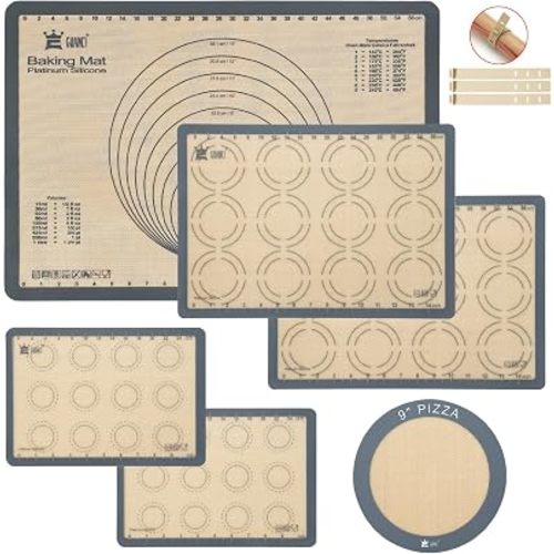 GUANCI Silicone Baking Mat Set of 6, Includes 25"x17.5" Large, 2 Medium 16.5"x11.6", 2 Small 11.75"x8.25", 9" Round, All Mats 0.70mm Thick, Non-Stick Reusable Baking Mats for Pizza, Cookie, Bread