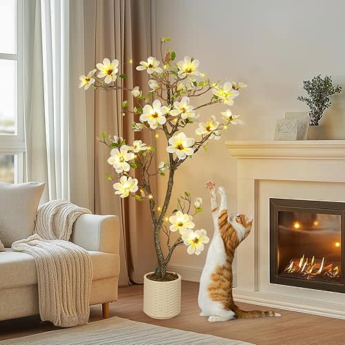 5FT Faux Magnolia Plant Artificial Flower Trees Fake Plants for Yard Patio Home Office Arrangement Decor Artificial Magnolia Tree Inc. 120 Realistic Flowers Vivid Leaves Mosses Lighting White Pot