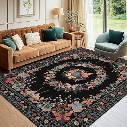 6x9 Butterfly Rug for Living Room, Low Pile Throw Rugs with Rubber Backing Washable Non Slip Modern Large Area Rug for Bedroom Dining Room, Black