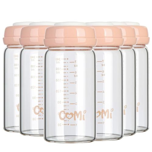 COMI Wide Neck Glass Breastmilk Collection n Storage Bottle, 8oz with Screw Ring Sealing Disk; Re-markable Sealing Disc. BPA Free, Fits Breast Pumps & Nipples (6 Pink Lids)