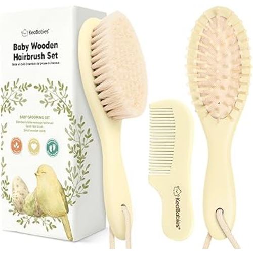 Baby Hair Brush and Comb Set for Newborn - Wooden Baby Hair Brush Set with Soft Goat Bristle, Baby Brush Set for Newborns, Baby Brush and Comb Set Girl, Boy, Toddler Cradle Cap Brush (Oval, Lemon)