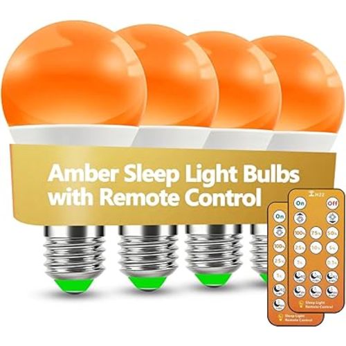 Amber Sleep Light Bulbs 1600K with Remote Control, E26 Blue Light Blocking A19, 9W for Sleep Therapy, Baby Nursery, Bedroom (4 Packs)