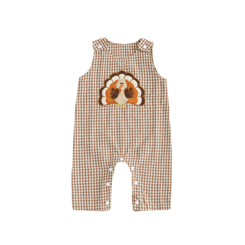 Suealasg Baby Boy Girl Thanksgiving Overalls Plaid Turkey Embroidery Sleeveless Full Length Romper for Fall