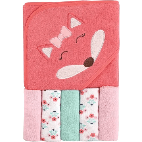 Luvable Friends Unisex Baby Hooded Towel with Five Washcloths, Cotton, Girl Fox, One Size