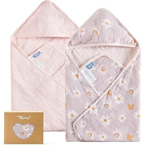 TILLYOU Muslin Hooded Baby Towels for Newborn 2 Pack, 32x32Inch Soft Baby Bath Towel Highly Absorbent for Newborn and Infant, Essential for Newborn Care, Pink Butterfly